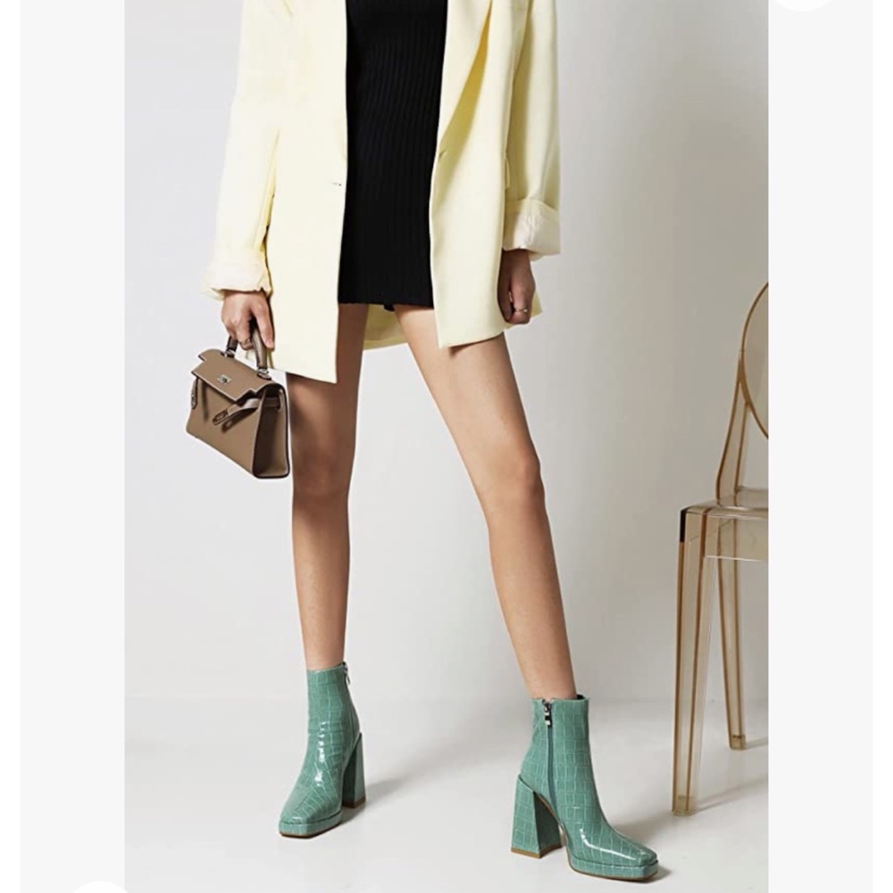 Square-Toe Mid Calf Booties in “Lake Blue”